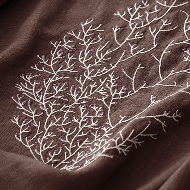 T-shirt décontracté en coton et lin à manches mi-longues avec cordon de serrage et broderie d'arbre en Buddha Stones pour femmes