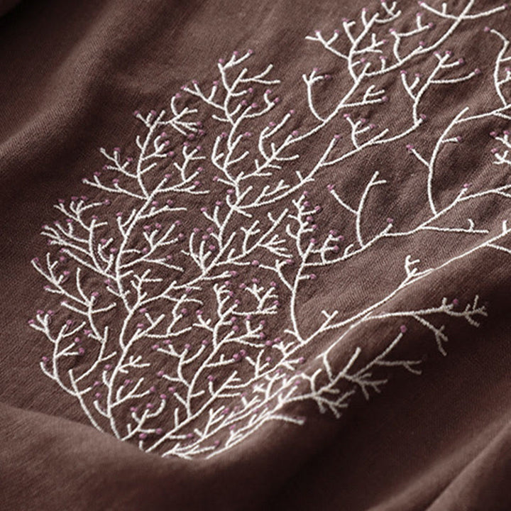 T-shirt décontracté en coton et lin à manches mi-longues avec cordon de serrage et broderie d'arbre en Buddha Stones pour femmes