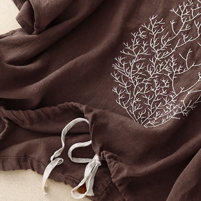 T-shirt décontracté en coton et lin à manches mi-longues avec cordon de serrage et broderie d'arbre en Buddha Stones pour femmes