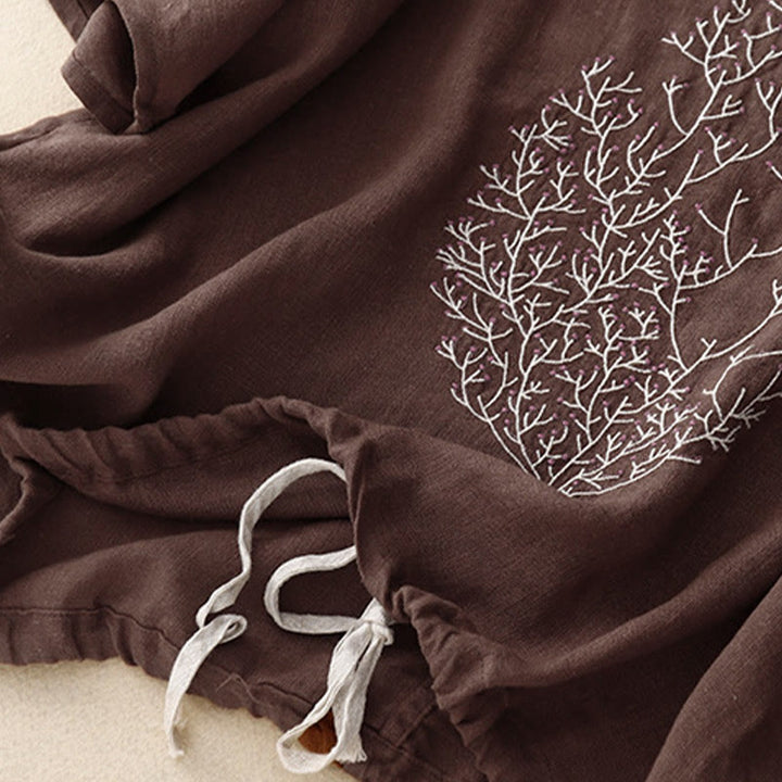 T-shirt décontracté en coton et lin à manches mi-longues avec cordon de serrage et broderie d'arbre en Buddha Stones pour femmes