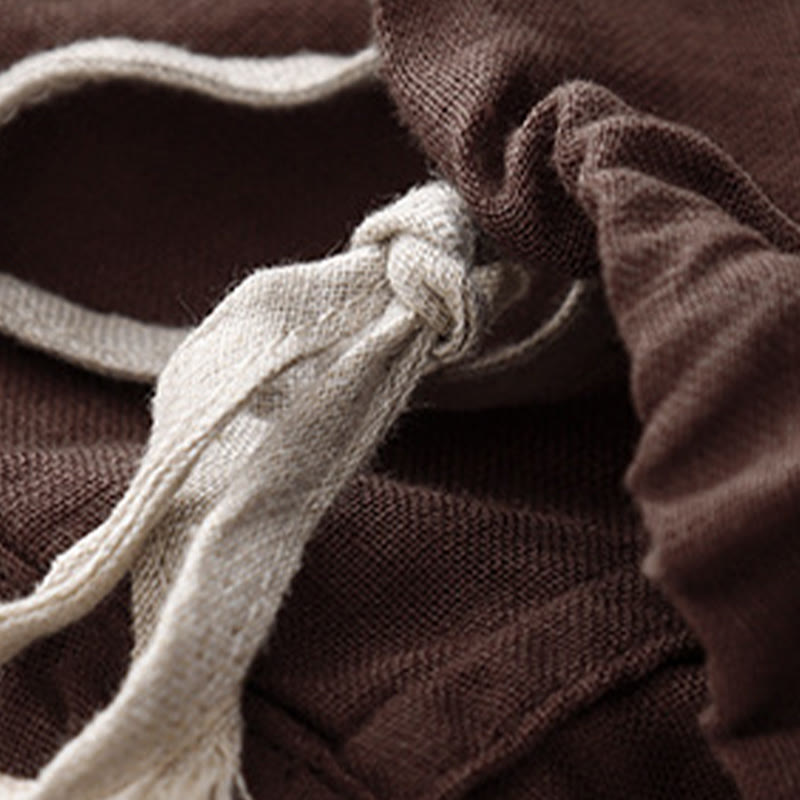 T-shirt décontracté en coton et lin à manches mi-longues avec cordon de serrage et broderie d'arbre en Buddha Stones pour femmes