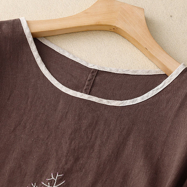 T-shirt décontracté en coton et lin à manches mi-longues avec cordon de serrage et broderie d'arbre en Buddha Stones pour femmes