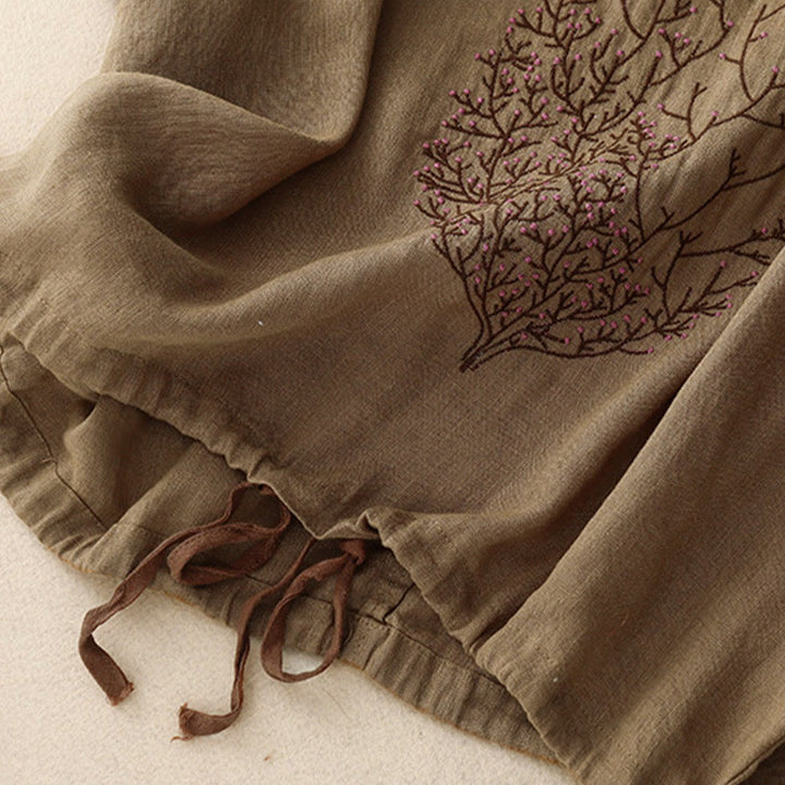 T-shirt décontracté en coton et lin à manches mi-longues avec cordon de serrage et broderie d'arbre en Buddha Stones pour femmes