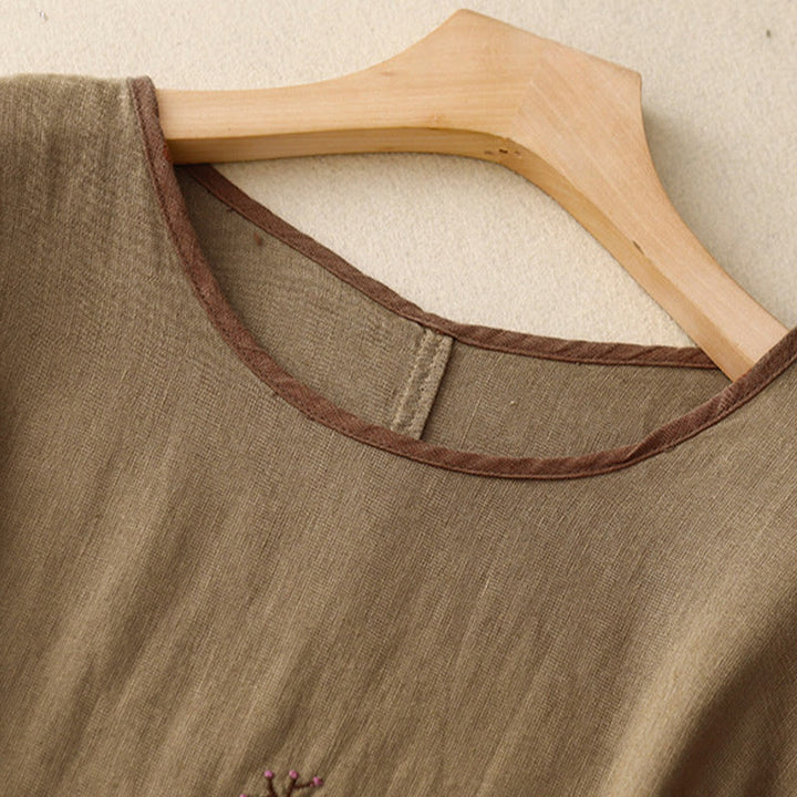 T-shirt décontracté en coton et lin à manches mi-longues avec cordon de serrage et broderie d'arbre en Buddha Stones pour femmes