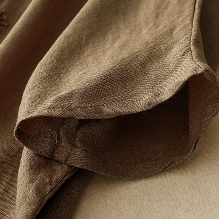 T-shirt décontracté en coton et lin à manches mi-longues avec cordon de serrage et broderie d'arbre en Buddha Stones pour femmes