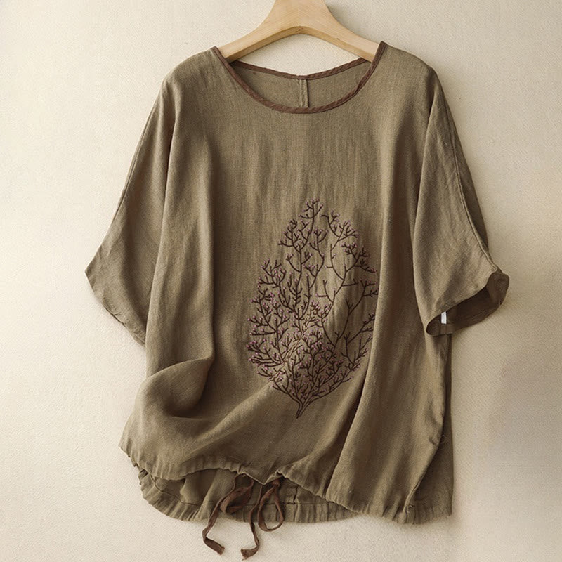 T-shirt décontracté en coton et lin à manches mi-longues avec cordon de serrage et broderie d'arbre en Buddha Stones pour femmes