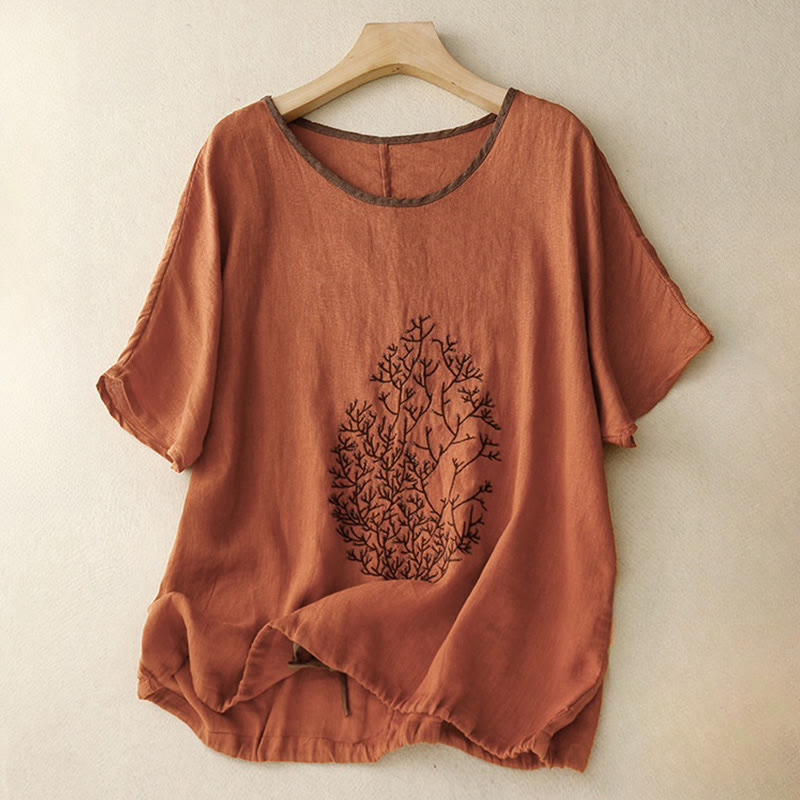 T-shirt décontracté en coton et lin à manches mi-longues avec cordon de serrage et broderie d'arbre en Buddha Stones pour femmes