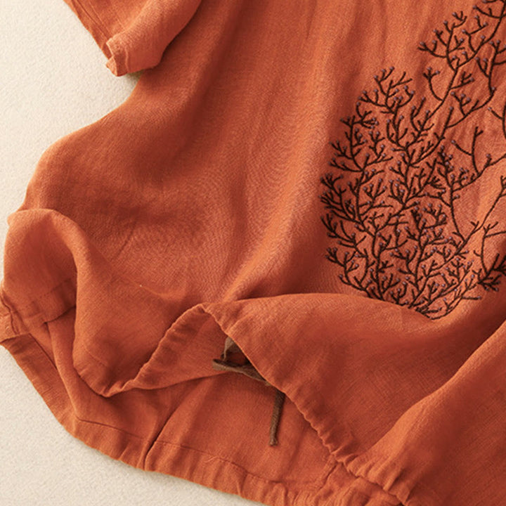 T-shirt décontracté en coton et lin à manches mi-longues avec cordon de serrage et broderie d'arbre en Buddha Stones pour femmes