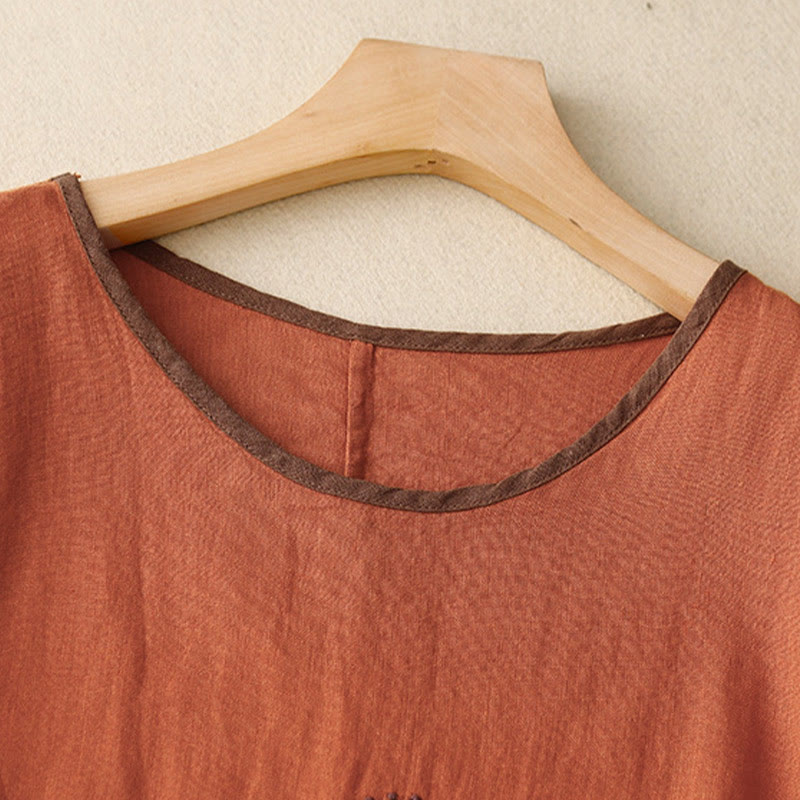 T-shirt décontracté en coton et lin à manches mi-longues avec cordon de serrage et broderie d'arbre en Buddha Stones pour femmes