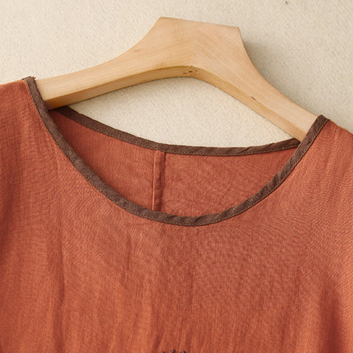 T-shirt décontracté en coton et lin à manches mi-longues avec cordon de serrage et broderie d'arbre en Buddha Stones pour femmes