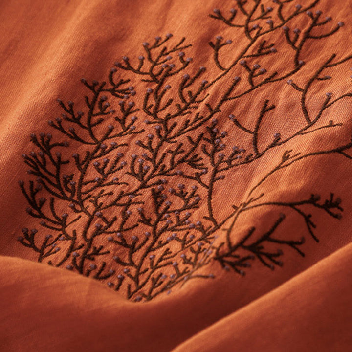 T-shirt décontracté en coton et lin à manches mi-longues avec cordon de serrage et broderie d'arbre en Buddha Stones pour femmes