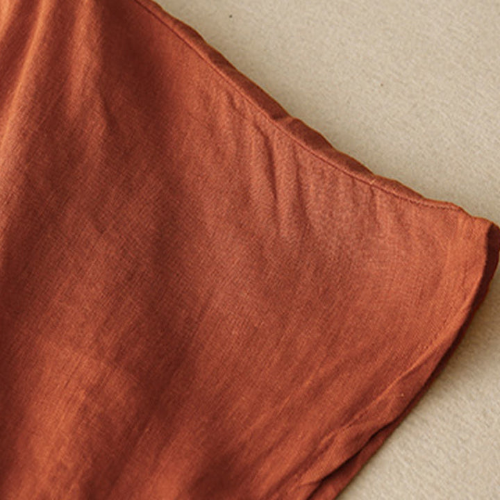 T-shirt décontracté en coton et lin à manches mi-longues avec cordon de serrage et broderie d'arbre en Buddha Stones pour femmes