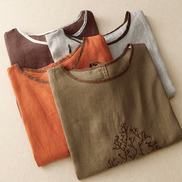 T-shirt décontracté en coton et lin à manches mi-longues avec cordon de serrage et broderie d'arbre en Buddha Stones pour femmes