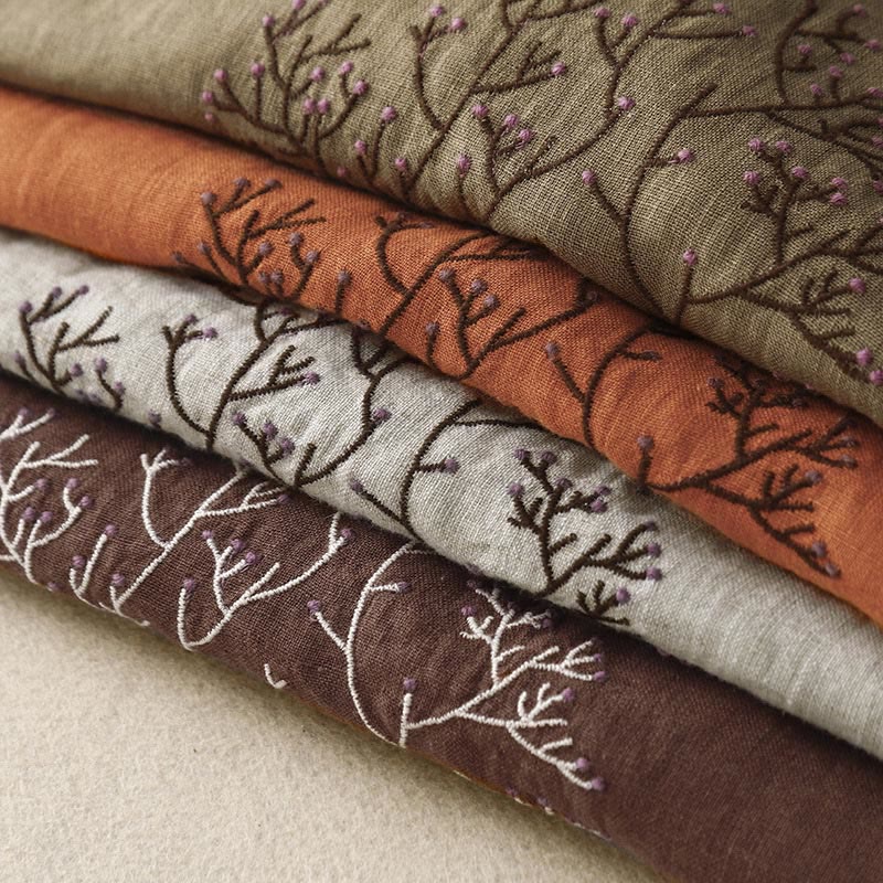 T-shirt décontracté en coton et lin à manches mi-longues avec cordon de serrage et broderie d'arbre en Buddha Stones pour femmes