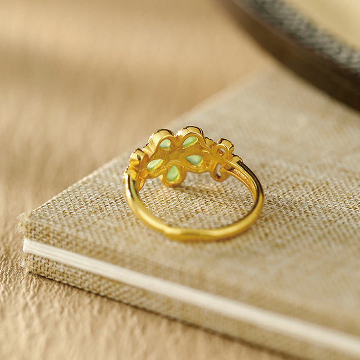 Bague de prospérité réglable en argent sterling 925 plaqué or avec jade Hetian naturel et Buddha Stones