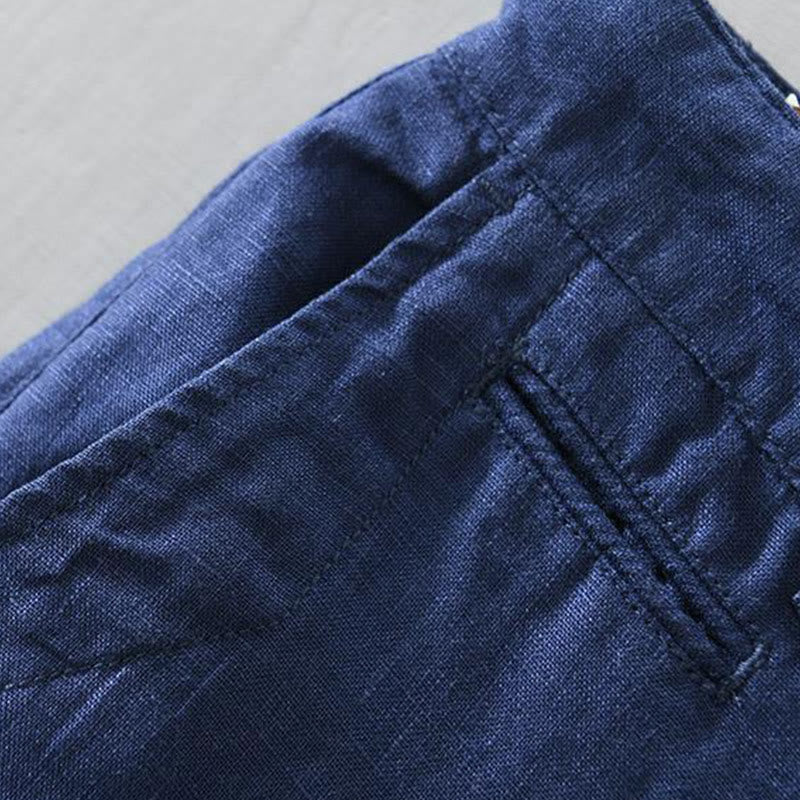 Short homme en lin uni avec cordon de serrage et poches Motif Buddha Stones