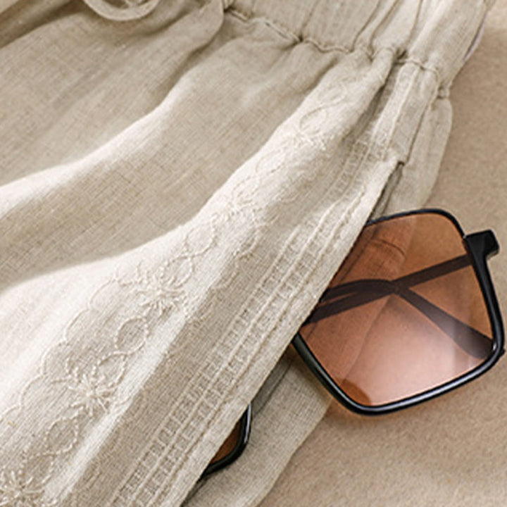 Short décontracté en coton et lin avec cordon de serrage et poches pour femme, motif floral brodé Buddha Stones - image 12