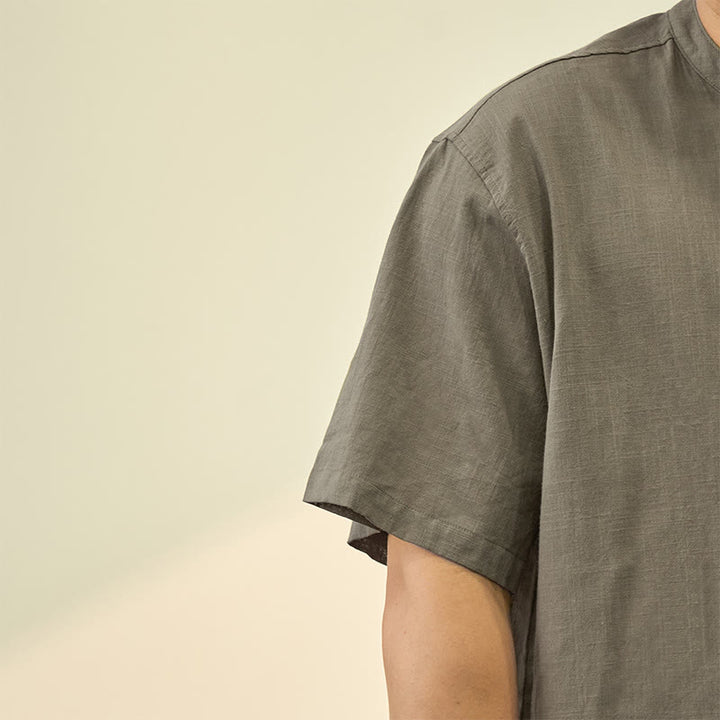 Chemise d'été en coton et lin à manches courtes et demi-boutons pour homme, couleur unie, motif Buddha Stones - image 2