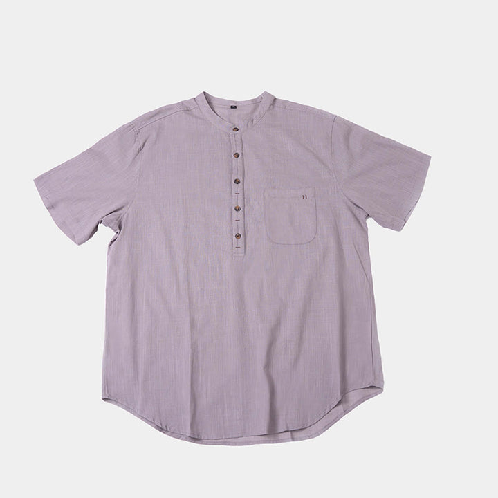 Chemise d'été en coton et lin à manches courtes et demi-boutons pour homme, couleur unie, motif Buddha Stones - image 14