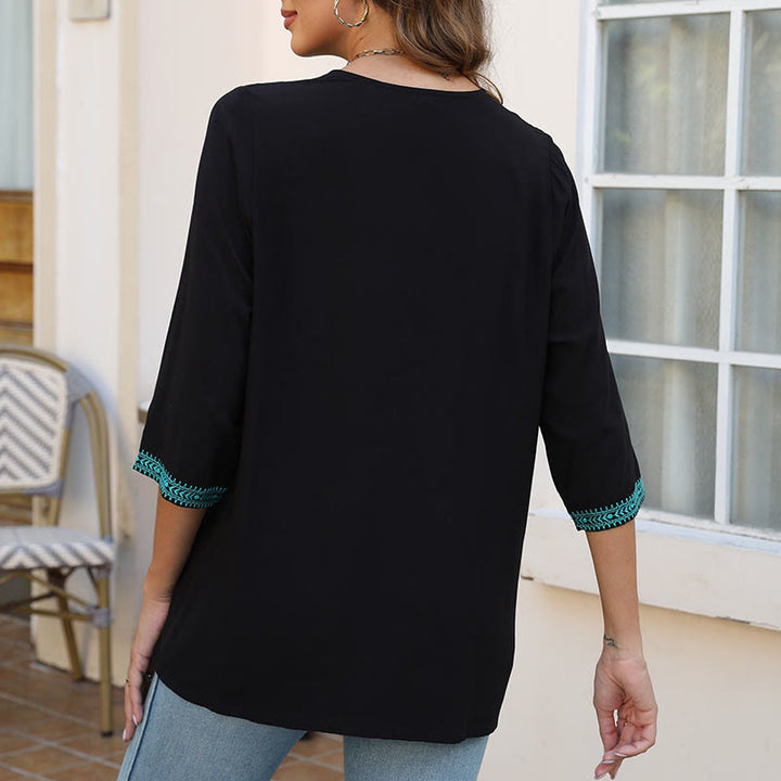 T-shirt d'été décontracté en coton à manches mi-longues et col en V pour femme, motif Buddha Stones , broderie de fleurs et de feuilles - image 7