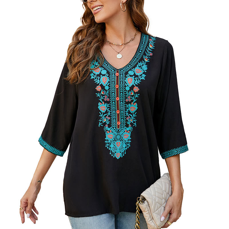 T-shirt d'été décontracté en coton à manches mi-longues et col en V pour femme, motif Buddha Stones , broderie de fleurs et de feuilles - image 10