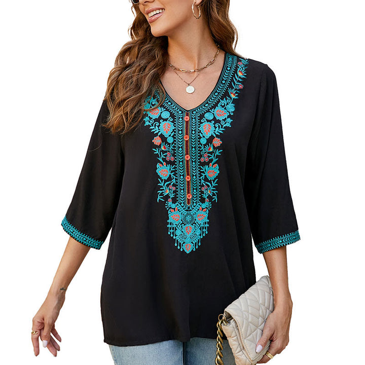 T-shirt d'été décontracté en coton à manches mi-longues et col en V pour femme, motif Buddha Stones , broderie de fleurs et de feuilles - image 10