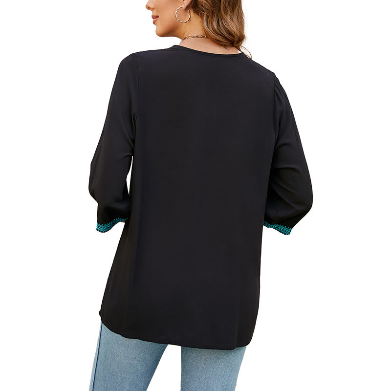 T-shirt d'été décontracté en coton à manches mi-longues et col en V pour femme, motif Buddha Stones , broderie de fleurs et de feuilles - image 12