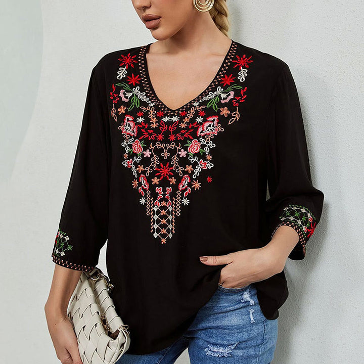 T-shirt femme en coton à manches trois-quarts et col en V, motif simple, broderie florale, Buddha Stones , été