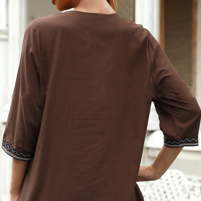 T-shirt décontracté à manches trois-quarts et col en V pour femme, en coton, avec broderie florale et Buddha Stones , collection printemps