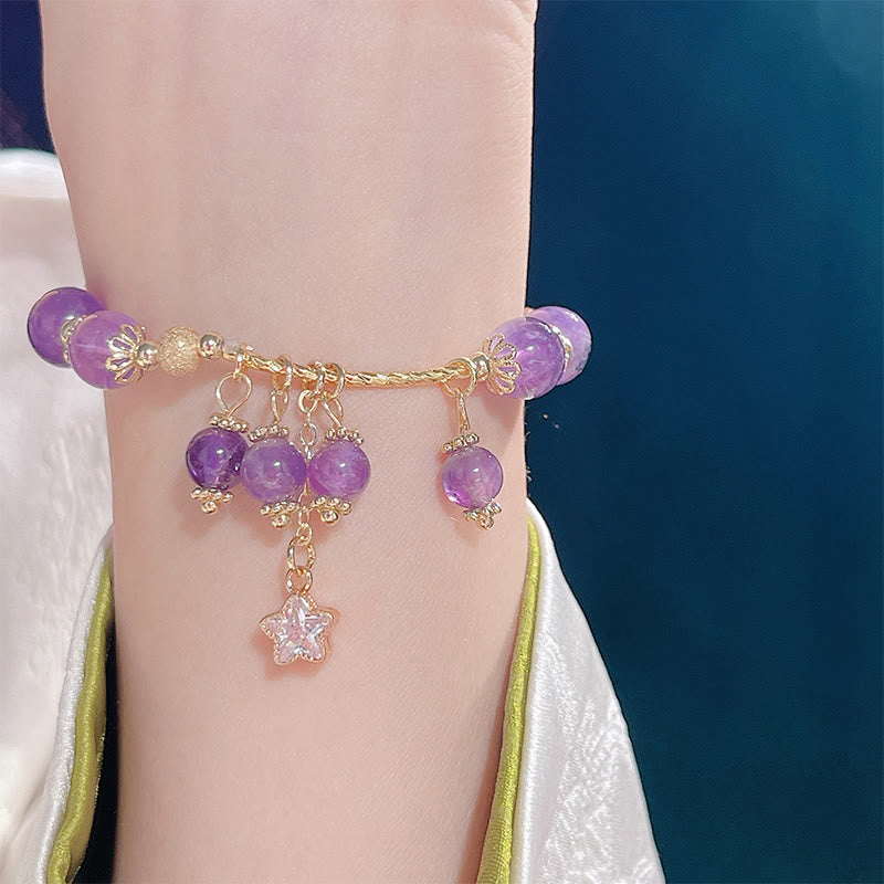Bracelet Buddha Stones en améthyste naturelle, trèfle à quatre feuilles, étoile de la paix
