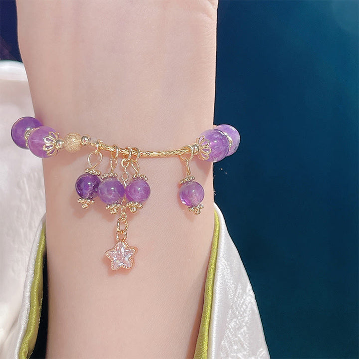 Bracelet Buddha Stones en améthyste naturelle, trèfle à quatre feuilles, étoile de la paix