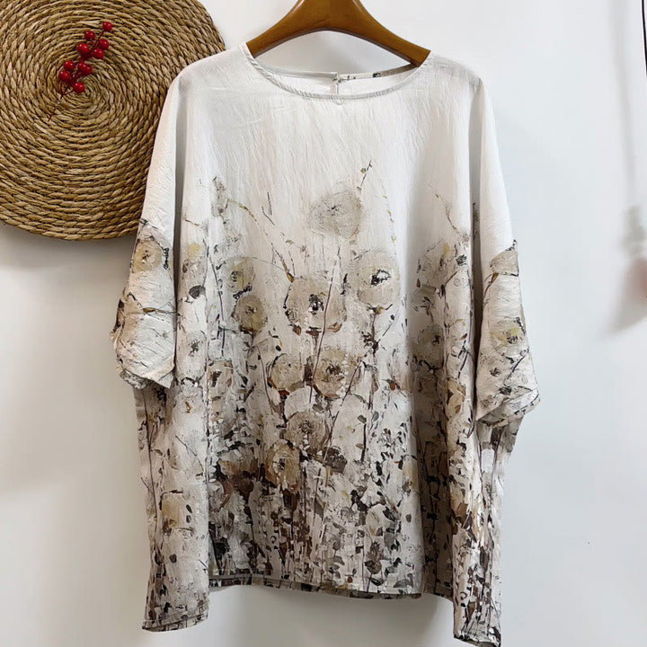 T-shirt décontracté ample à col ras du cou et manches mi-longues en polyester avec imprimé de Buddha Stones