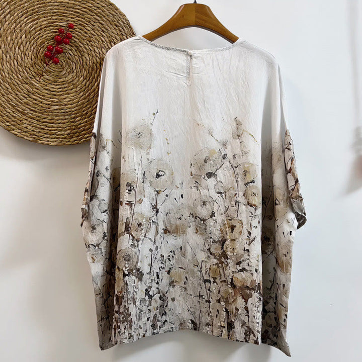 T-shirt décontracté ample à col ras du cou et manches mi-longues en polyester avec imprimé de Buddha Stones