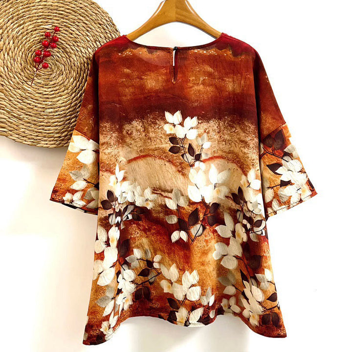 T-shirt décontracté à manches courtes et col ras du cou pour femme, imprimé feuilles et Buddha Stones, en polyester