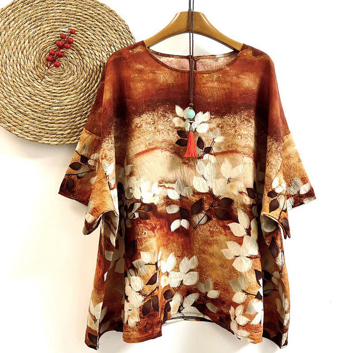 T-shirt décontracté à manches courtes et col ras du cou pour femme, imprimé feuilles et Buddha Stones, en polyester