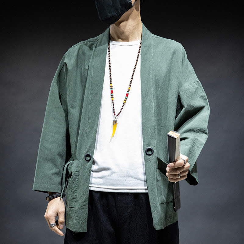 Veste kimono en coton pour homme, couleur unie, à lacets et devant ouvert, motif Buddha Stones
