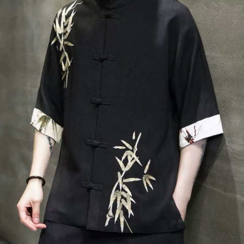 Chemise à manches mi-longues en lin et bambou à boutons grenouille Buddha Stones pour homme - image 3