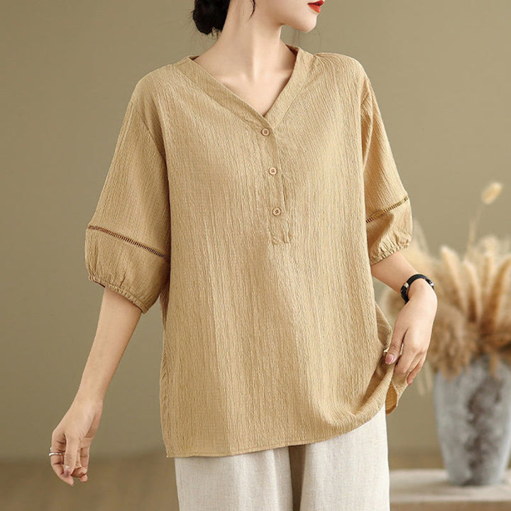 T-shirt d'été décontracté à manches mi-bouffantes et col en V pour femme Buddha Stones