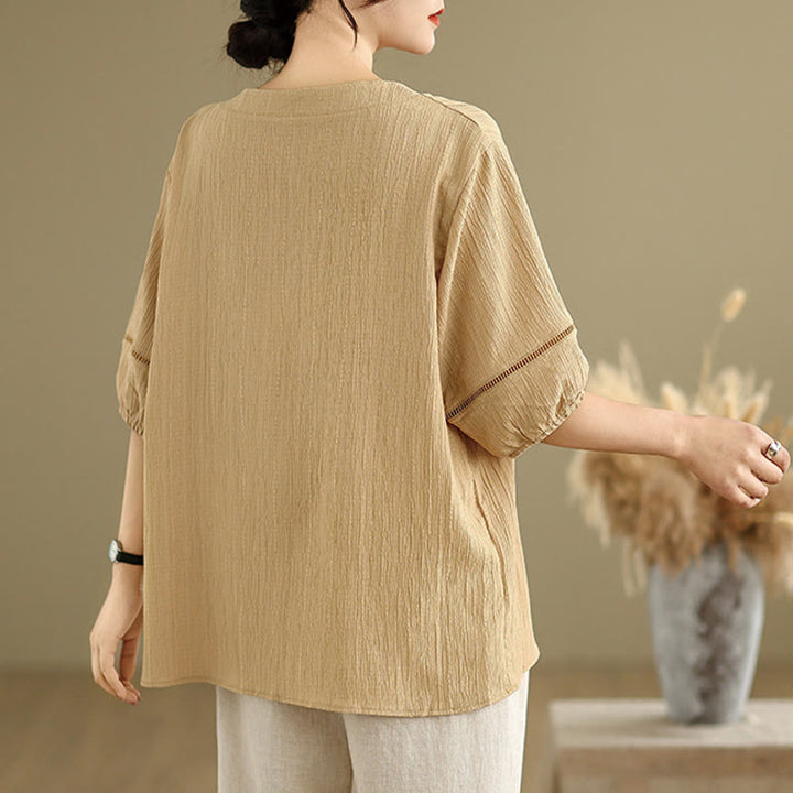 T-shirt d'été décontracté à manches mi-bouffantes et col en V pour femme Buddha Stones