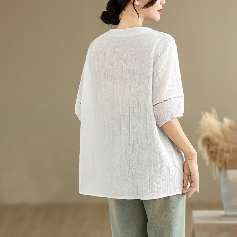 T-shirt d'été décontracté à manches mi-bouffantes et col en V pour femme Buddha Stones