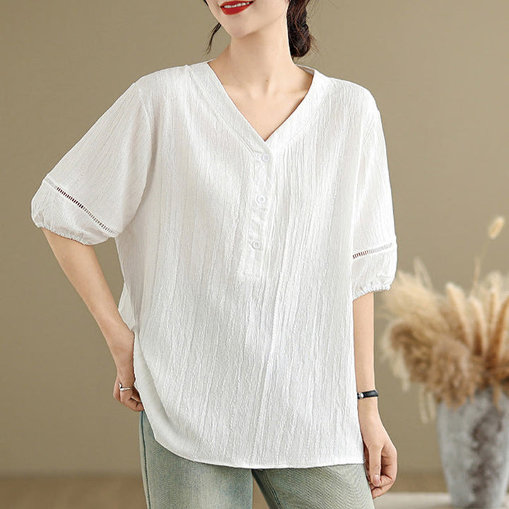 T-shirt d'été décontracté à manches mi-bouffantes et col en V pour femme Buddha Stones