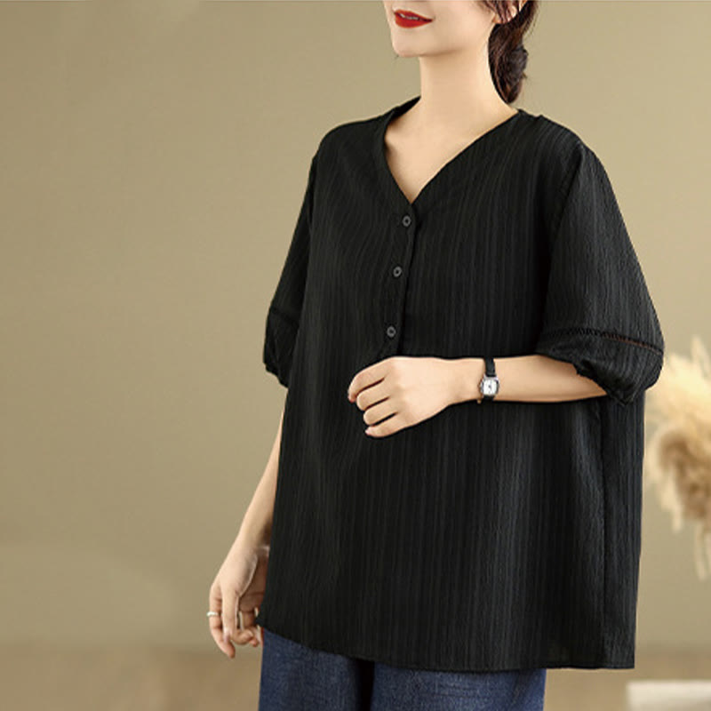 T-shirt d'été décontracté à manches mi-bouffantes et col en V pour femme Buddha Stones