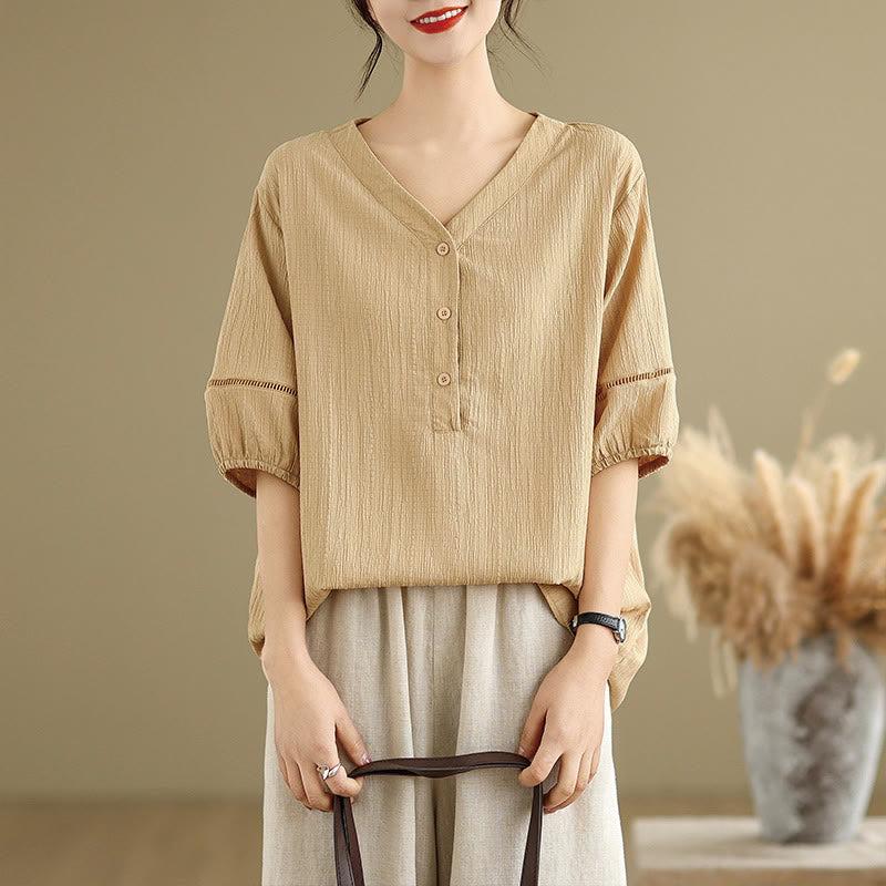 T-shirt d'été décontracté à manches mi-bouffantes et col en V pour femme Buddha Stones