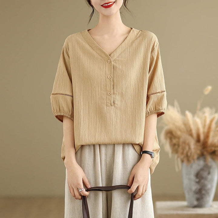 T-shirt d'été décontracté à manches mi-bouffantes et col en V pour femme Buddha Stones