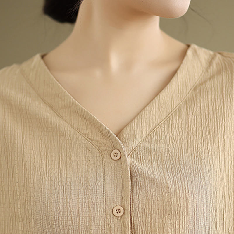 T-shirt d'été décontracté à manches mi-bouffantes et col en V pour femme Buddha Stones