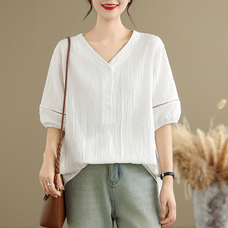 T-shirt d'été décontracté à manches mi-bouffantes et col en V pour femme Buddha Stones