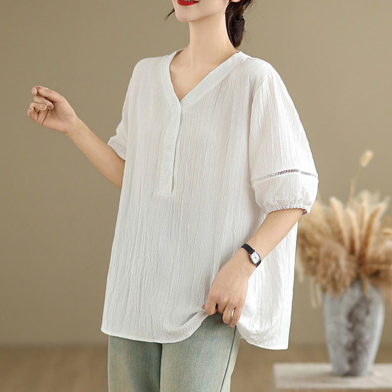 T-shirt d'été décontracté à manches mi-bouffantes et col en V pour femme Buddha Stones