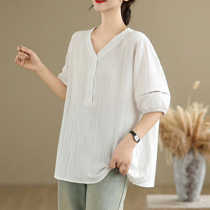 T-shirt d'été décontracté à manches mi-bouffantes et col en V pour femme Buddha Stones