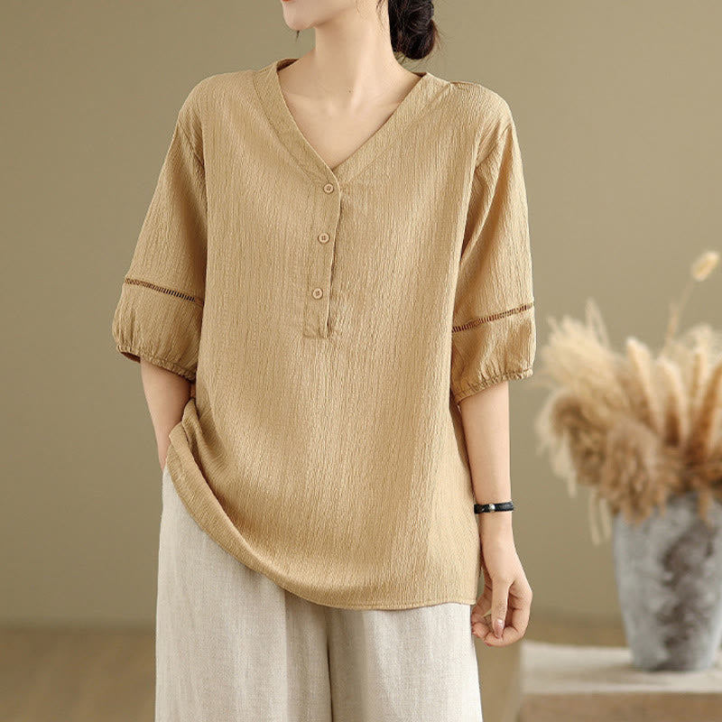 T-shirt d'été décontracté à manches mi-bouffantes et col en V pour femme Buddha Stones