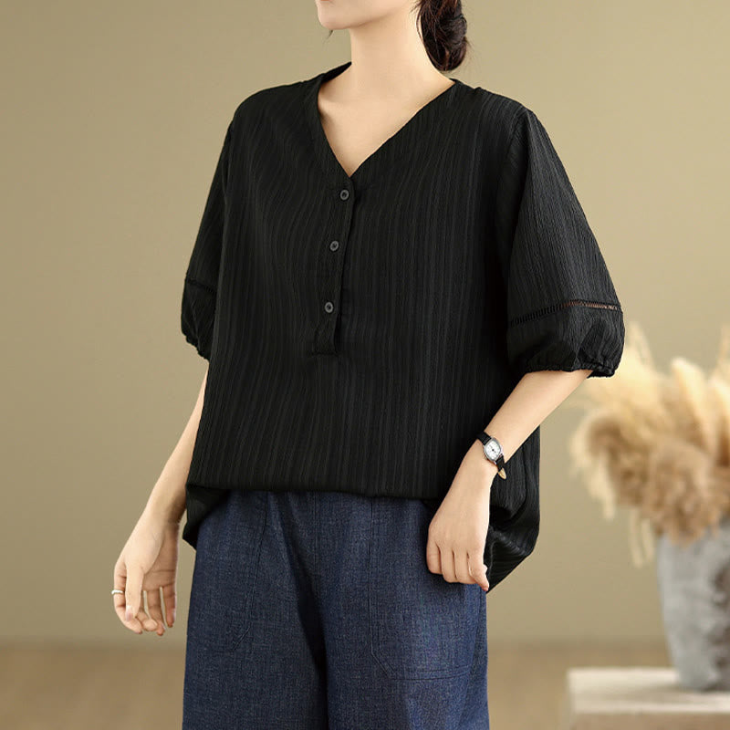 T-shirt d'été décontracté à manches mi-bouffantes et col en V pour femme Buddha Stones